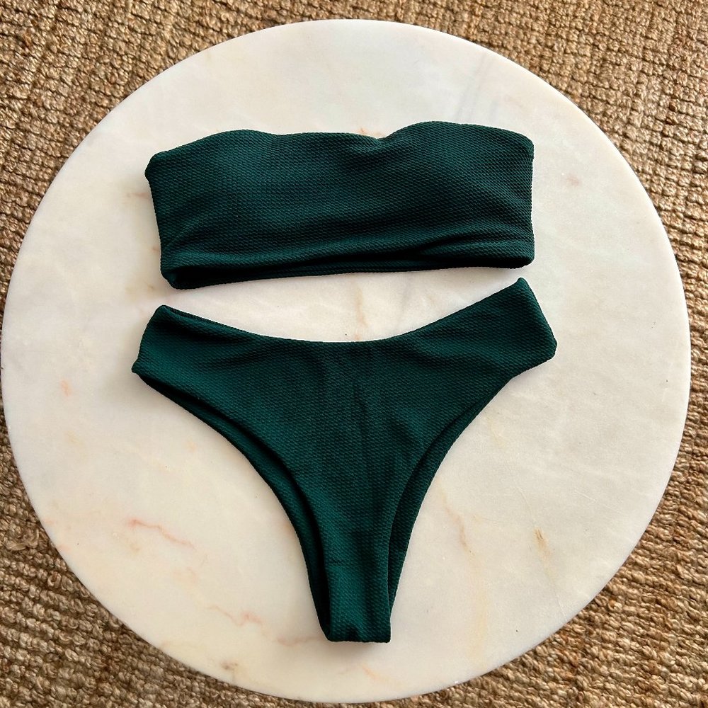 Green Textured Bandeau Bikini Set